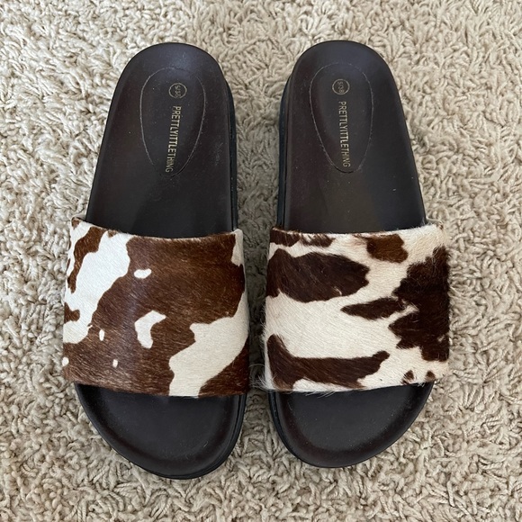 PrettyLittleThing Shoes - Cow Print Platform Slides WORN ONCE